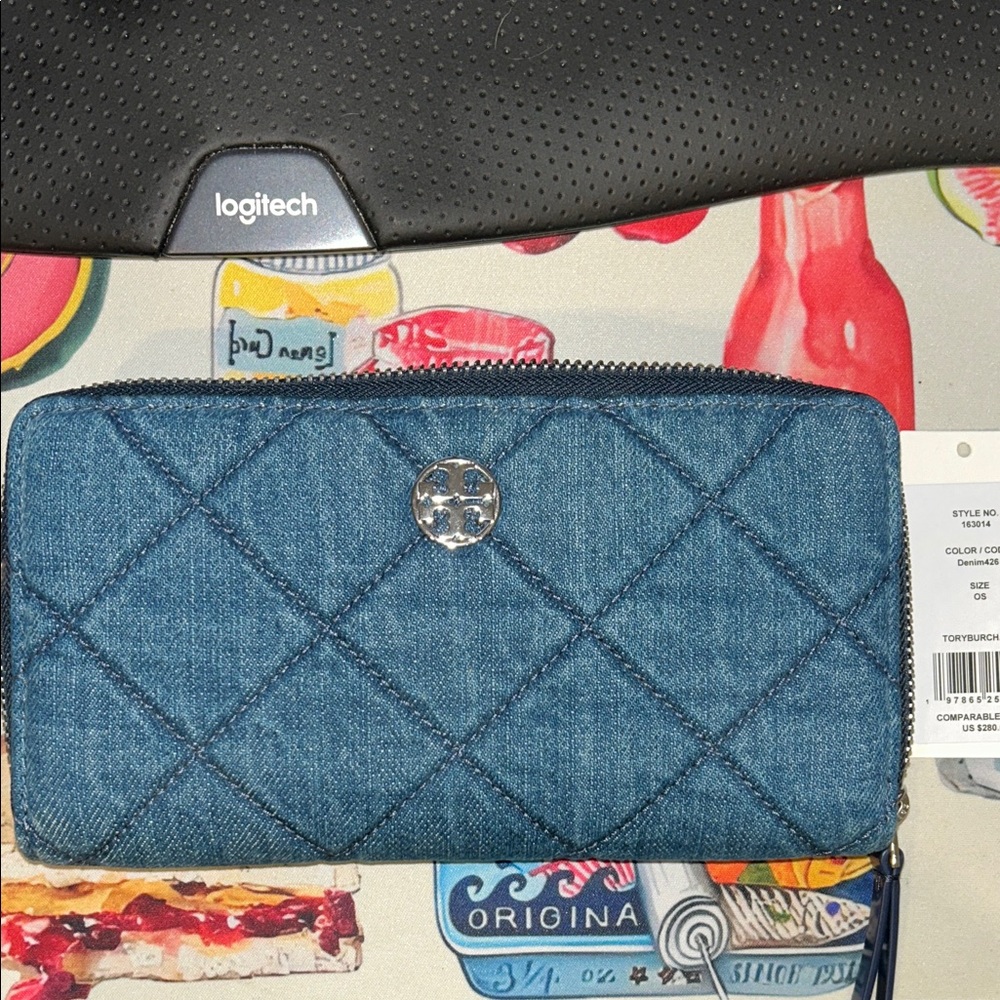 Tory Burch Denim Quilted zip around wallet